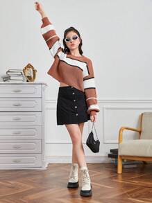 Garota Adolescente Bloco De Cores Ombro Caído Suéter