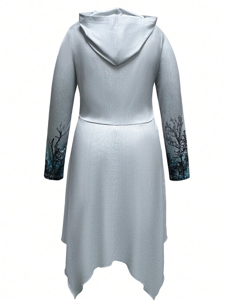 Plus Tree Print Lace Up Front Asymmetrical Hem Hooded Dress Fall Cloth For Women