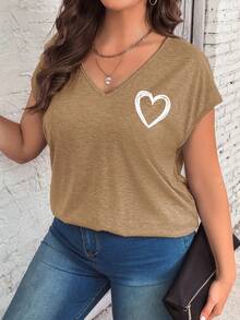 SHEIN LUNE Plus Heart Print Batwing Sleeve Tee - Camel - View 6