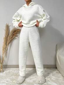 EURMUSE Drop Shoulder Teddy Hoodie & Pants - White - View 2