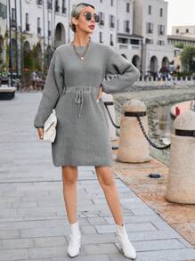 SHEIN Clasi Drop Shoulder Drawstring Waist Ribbed Knit Sweater Dress - Grey - View 4