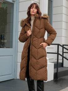 Anewsta 毛绒装饰连帽夹棉大衣 - 卡其色 - 查看 5