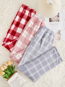 3pcs Plaid Print Flannelette Sleep Cozy Pants, Fall Winter Clothes - Multicolor - View 1