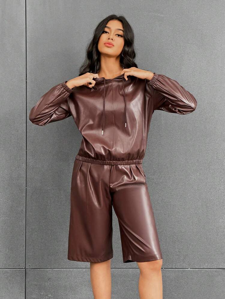 Drop Shoulder Drawstring Hoodie & Shorts