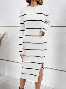 SHEIN Privé Striped Pattern Split Thigh Sweater Dress - White - View 5