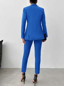 EURMUSE Women's Solid Color Lapel Single-breasted Suit Jacket And Pants Set - Biru - View 2