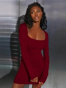 SHEINNeu Solid Bodycon Dress - Burgundy - View 1