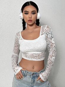 SHEIN Unity 大圓領短款蕾絲上衣 - 白色 - 查看 5