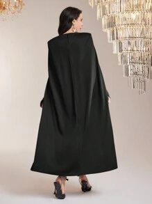 Modelyn Pearl Beaded Mesh Yoke Fuzzy Cuff Cape Dress Without Belt - Black - View 2