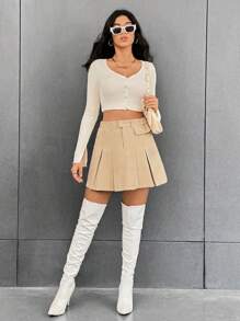 SHEIN Essnce Flap Detail Pleated Skirt - Khaki - View 3