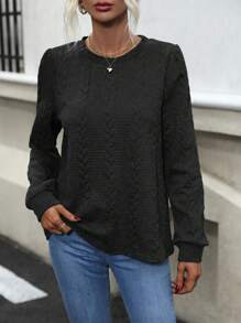 SHEIN Frenchy Solid Round Neck Sweatshirt - Black - View 5