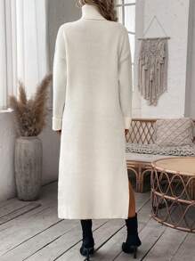 SHEIN Clasi 高領落肩袖下擺開叉毛衣洋裝不附腰帶 - 米色 - 查看 2