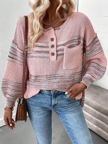 SHEIN Clasi Jersey con patrón de rayas de hombros caídos con parche de bolsillo con botón delantero - Multicolor - Ver 6