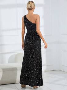 Allurite Asymmetrical Neck Split Thigh Sequin Dress - Black - View 2