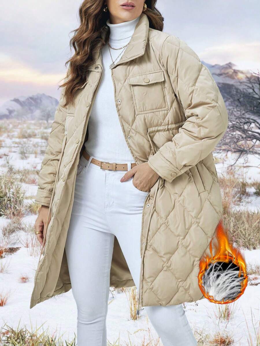 SHEIN Unity Abrigo con bolsillo con solapa guateado - Caqui - Ver 1