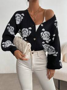 SHEIN Essnce Floral Pattern Drop Shoulder Cardigan - Black and White - View 6