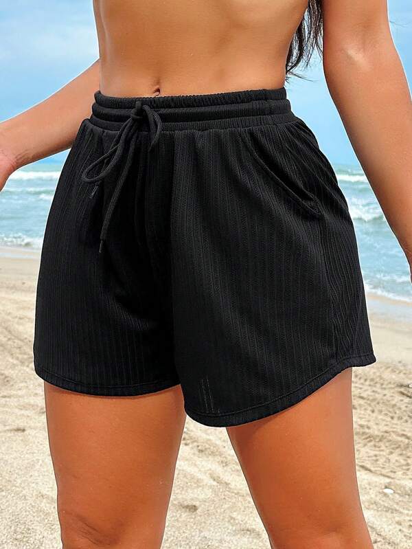 Swim Vcay Summer Beach Solid Drawstring Waist Bikini Bottom