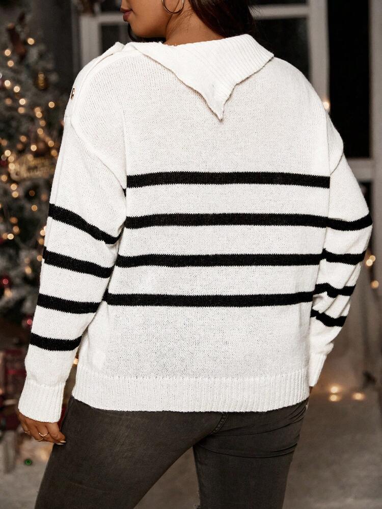 Plus Striped Pattern Button Detail Drop Shoulder Sweater Knit Pullover Fall Winter Sweater
