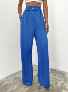 RueChic High Waisted Trousers With Belt And Diagonal Pockets - Blue - View 5