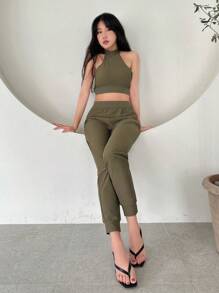 SHEINNeu 女士無袖開背騎帽上衣和短褲套裝 - 軍綠色 - 查看 4