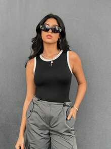 SHEIN Essnce Tương phản ràng buộc Áo ba lỗ - Đen và trắng - Xem 1