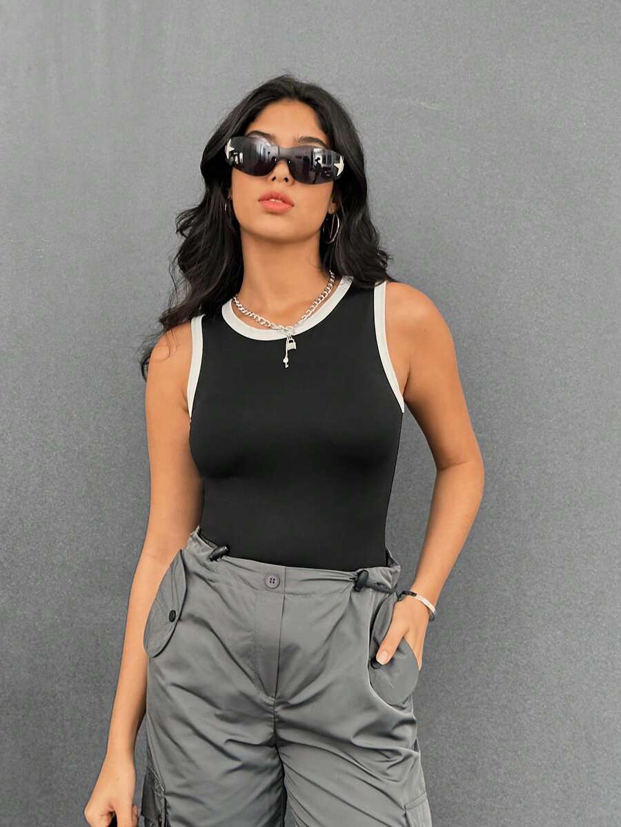 SHEIN Essnce Tương phản ràng buộc Áo ba lỗ - Đen và trắng - Xem 1