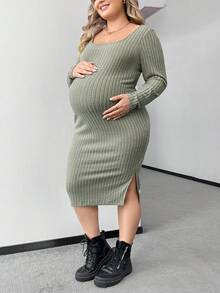 SHEIN Thai sản Kích thước lớn Sọc Màu thuần Viền mép Váy bodycon - màu xanh lá - Xem 3