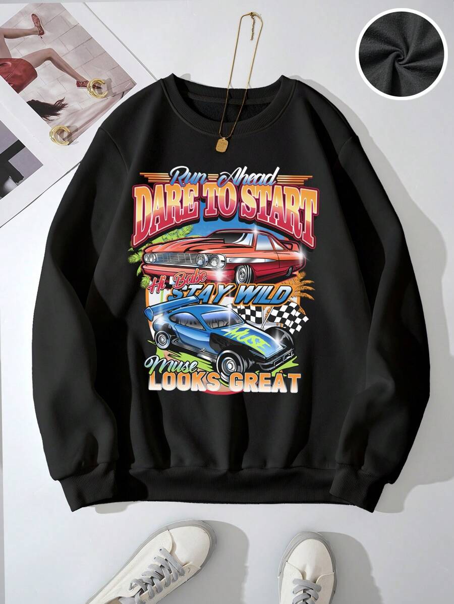 SHEIN PETITE 汽車和字母圖案落肩袖運動衫