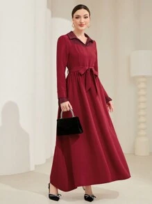 Modelyn Contrast Trim Belted Dress - Red - View 1