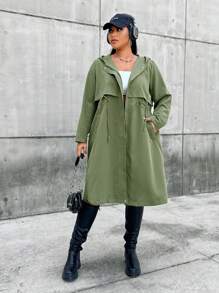 Flirla Plus Drawstring Waist Hooded Coat - Army Green - View 4