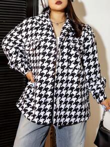 SHEIN EZwear 大碼千鳥格印花翻蓋口袋落肩袖花呢外套 - 黑與白 - 查看 3