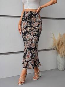 SHEIN VCAY In hoa Paisley Váy nàng tiên cá - màu đen - Xem 5