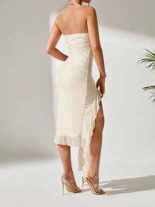 SHEIN PETITE Women's Strapless Dress With Pleats And Asymmetric Hemline - Apricot - View 2