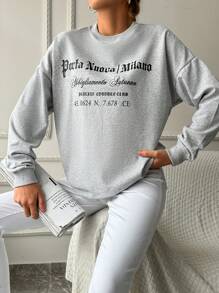 EURMUSE Women's Slogan Print Crew Neck Dropped Shoulder Long Sleeve Casual Loose Sweatshirt - Grey - View 6