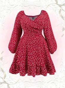 Flirla 大碼紙屑愛心圖案燈籠袖荷葉邊洋裝 - 彩色 - 查看 1