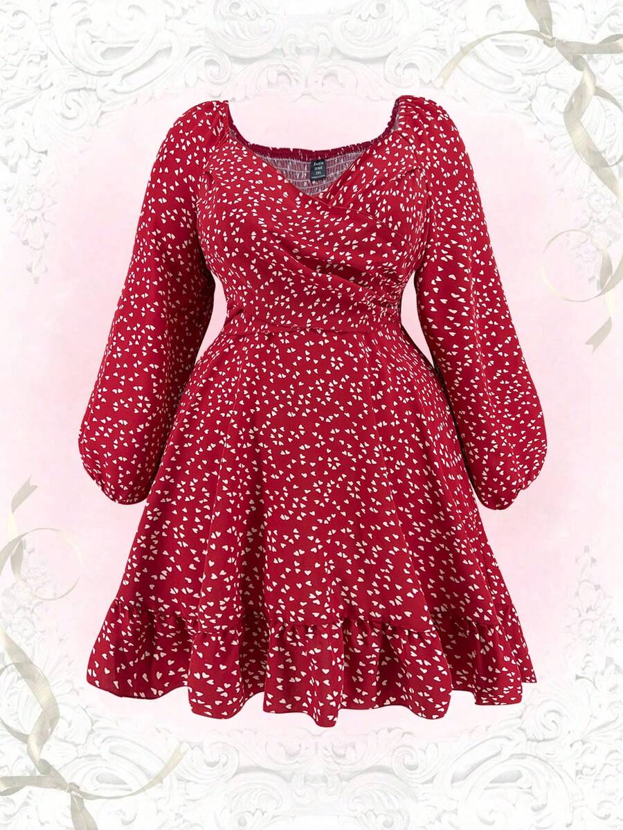 Flirla 大碼紙屑愛心圖案燈籠袖荷葉邊洋裝 - 彩色 - 查看 1