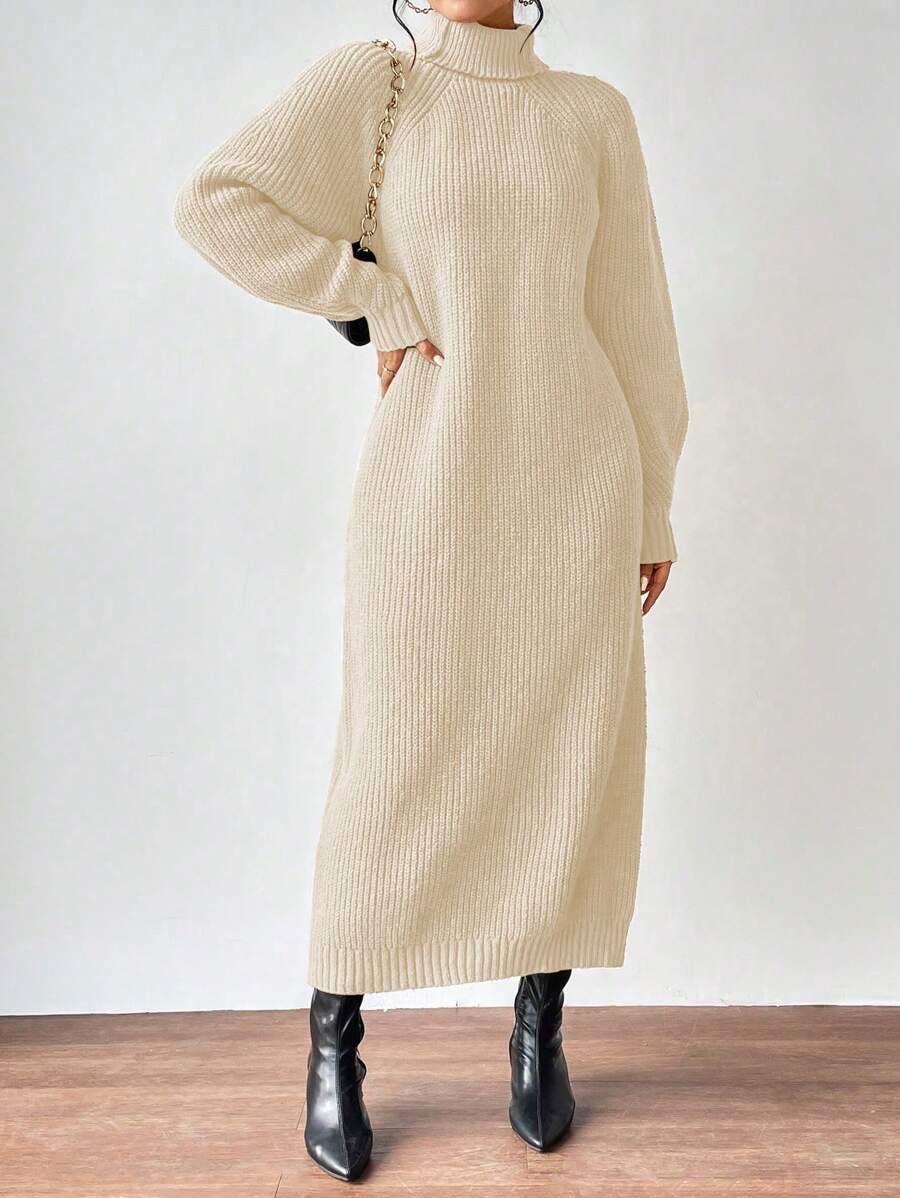 Aalyst Turtleneck Raglan Sleeve Sweater Dress Without Belt Fall Winter Cloth For Women - Beige - View 1
