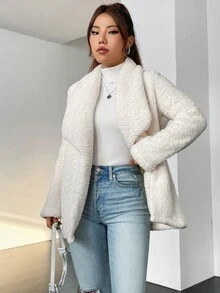 Chiquease Waterfall Collar Open Front Teddy Coat - Apricot - View 6