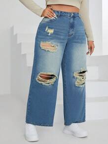 SHEIN EZwear Hơn Quần jean ống rộng rách - Màu xanh lam - Xem 6