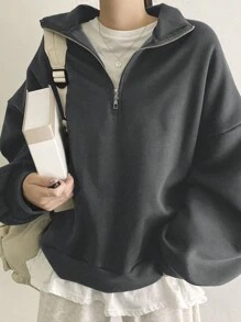 DAZY Áo nỉ lót nhiệt cỡ lớn có khóa kéo nửa vai thả, áo dài tay - Xám - Xem 5