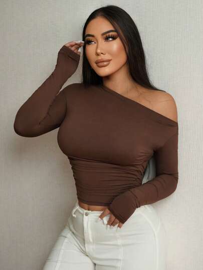 SHEIN Tall Tall Size Sexy Asymmetrical Neck Ruched Crop Tee