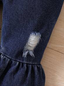 Baby Girl Cartoon Bear Embroidery Ripped Flare Leg Overalls - Blue - View 6