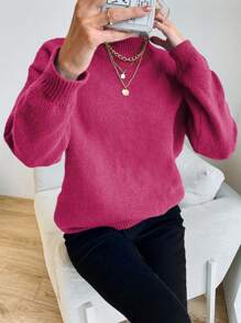 EURMUSE Round Neck Solid Color Drop Shoulder Casual Sweater - Pink - View 6