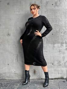 SHEIN ICON Hơn Rách Đầm Áo len - màu đen - Xem 4