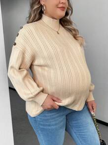 SHEIN Plus Maternity Button Detail Drop Shoulder Ribbed Knit Sweater, For Winter