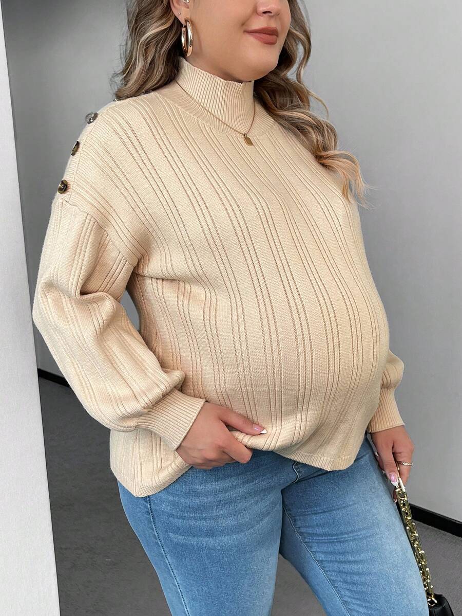 SHEIN Plus Maternity Button Detail Drop Shoulder Ribbed Knit Sweater, For Winter