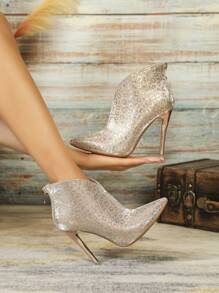 女士高跟針尖閃亮金屬豹紋印花踝靴和短靴 - 香檳色 - 查看 1