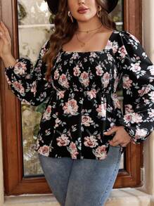 SHEIN VCAY 大碼印花燈籠袖荷葉邊下擺襯衫 - 彩色 - 查看 1