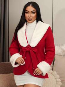 Zolique Borg Collar Belted Overcoat Fall Cloth For Women - Red - View 5