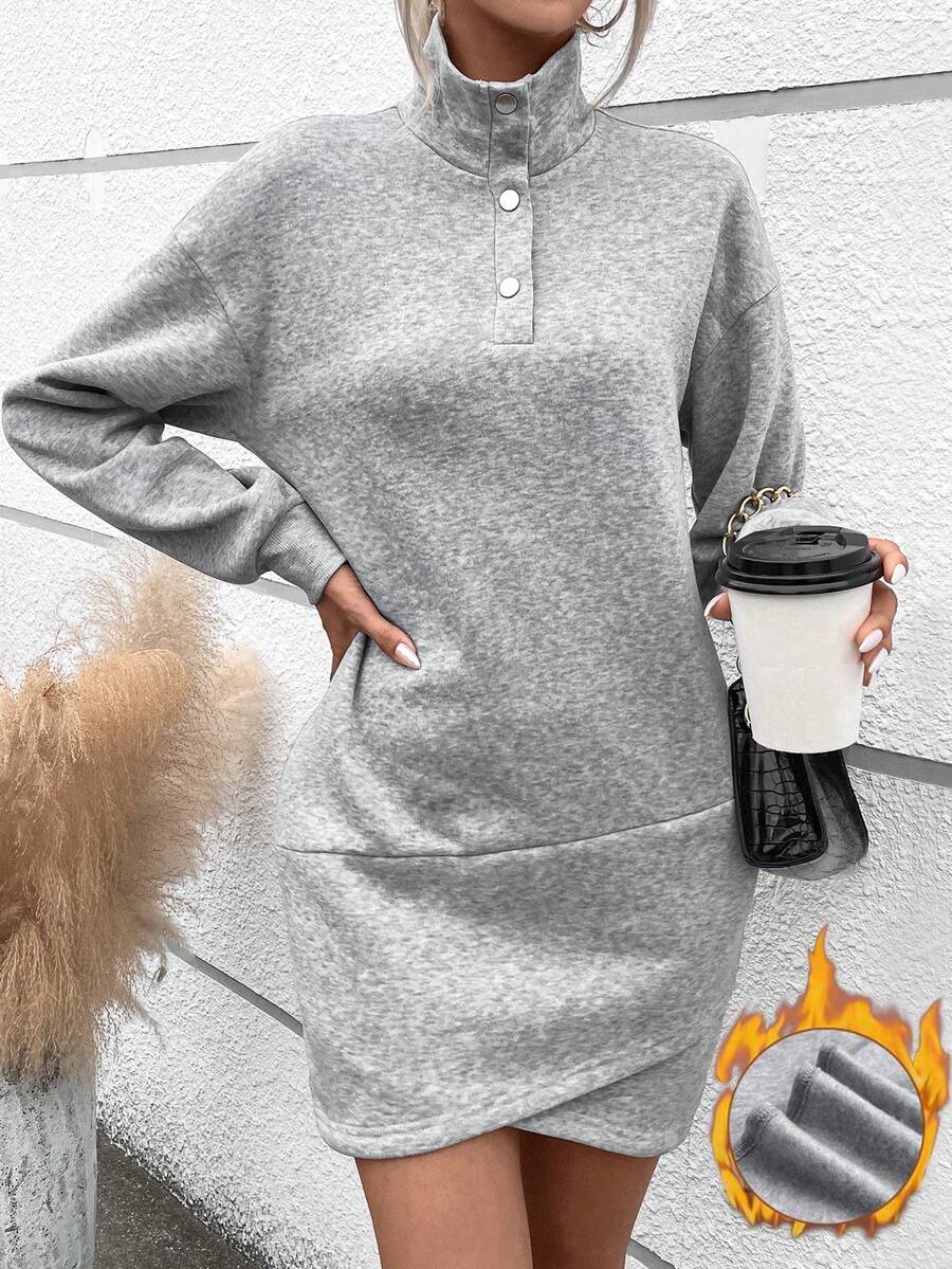 SHEIN LUNE 半拉鏈落肩袖衛衣洋裝 - 灰色 - 查看 1